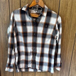 Duluth Trading Co Plaid Button-Down Shirt - Black, White, and Brown